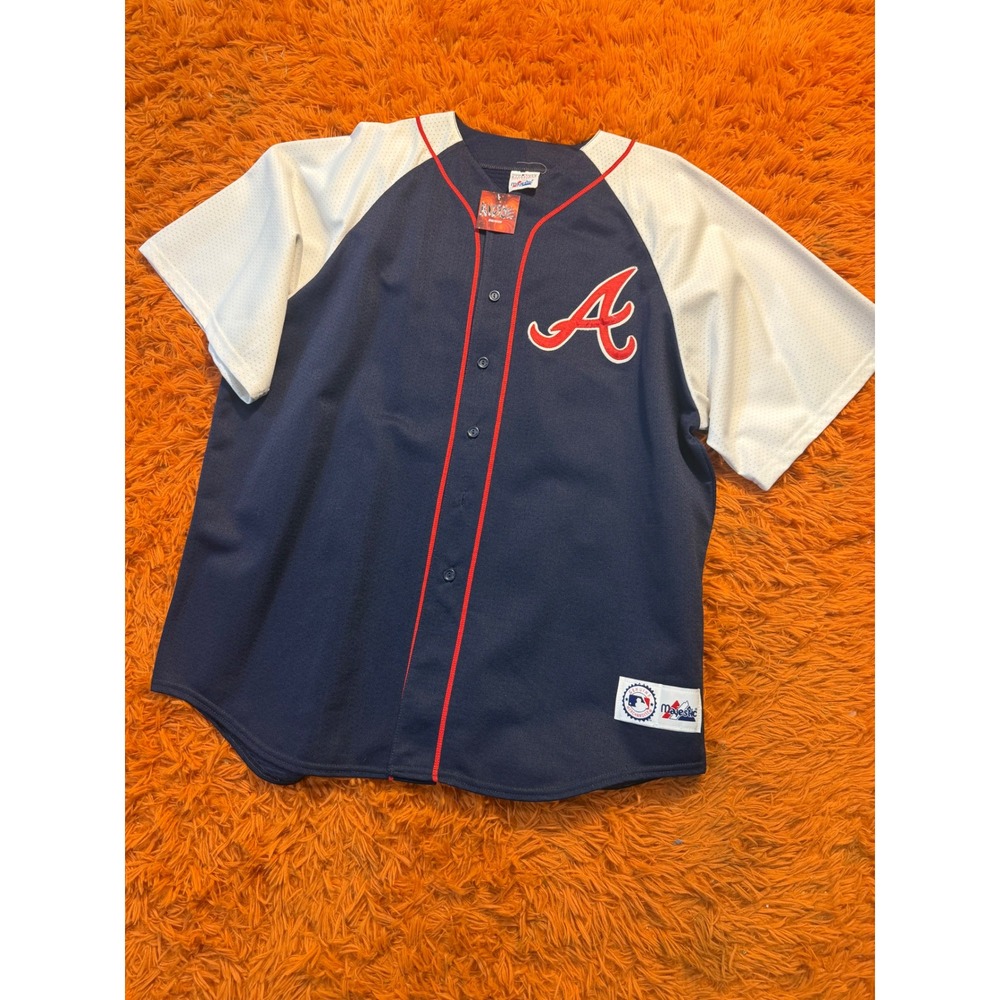 Majestic Atlanta Braves Baseball Jersey Mens Navy Blue White Mesh MLB Button Up